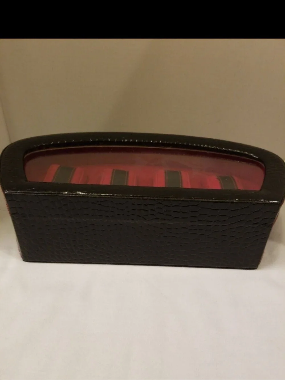 Black Croc-Effect Men's Watch Travel Case with Red Interior